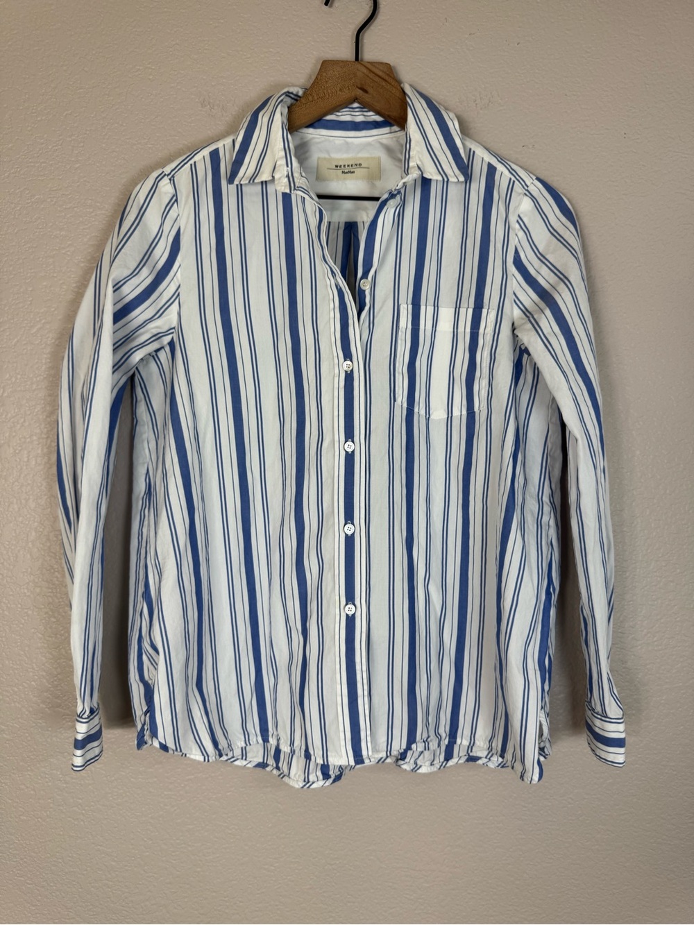 Weekend Max Mara Cotton Poplin Striped Button Down Shirt Blue White S / M $475
